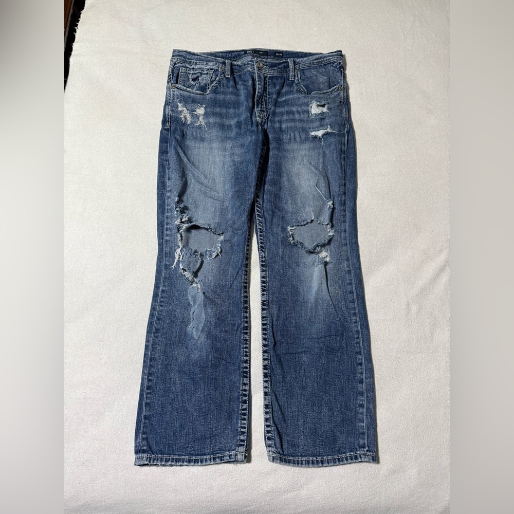 BKE‎ Jeans Mens 38x31 Blue Jake Straight Medium Wash Mid Rise Distressed Denim